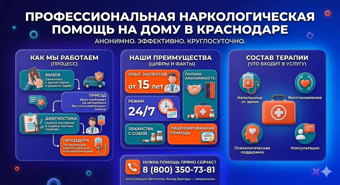 Инфографика о принципах лечения алкоголизма на дому в Зеленогорске: этапы вызова нарколога, преимущества анонимной детоксикации и состав медицинской помощи.